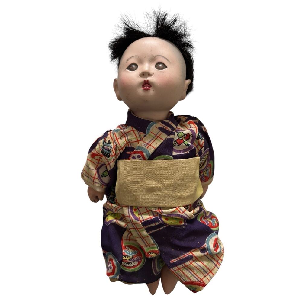 NINGYO Boy Porcelain Doll kimono Japanese antique Japan 9” Glass Eyes 1900-1940